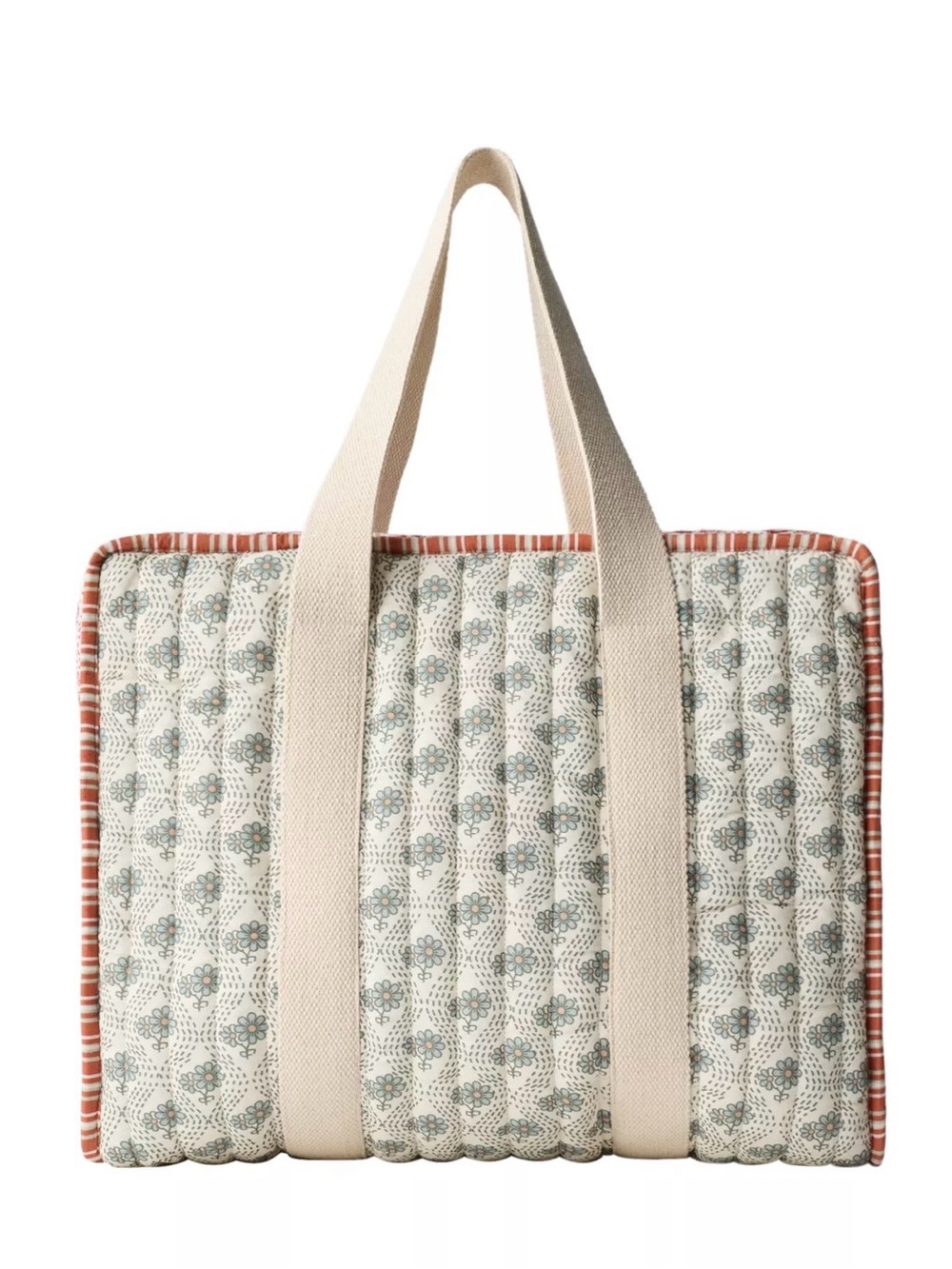 Zara Quilted Floral Tote in Cream with Tan Handles and Rust Trim